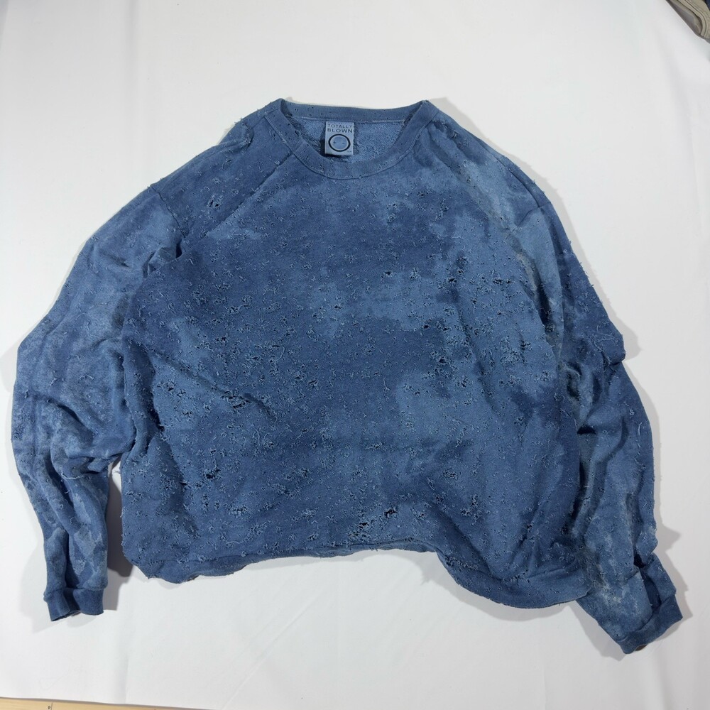 Totally Blown Sweatshirt Mens S/M Distressed Modern Shotgun Hole Blue Good